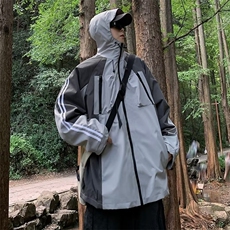 撞色拼接冲锋衣男春秋冬季宽松潮流小牛津防水工装连帽夹克外套，男装夹克，星座410-7