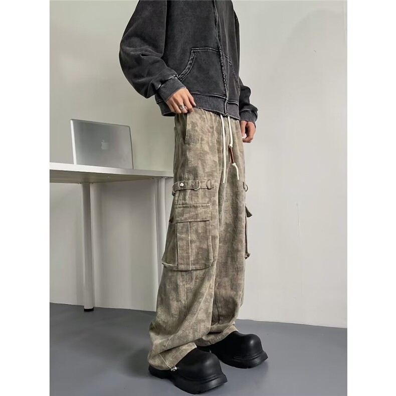 迷彩工装裤男美式复古废土风宽松直筒潮牌街头百搭休闲裤子,男装工装外套,星座410-6（原星座1304-1）