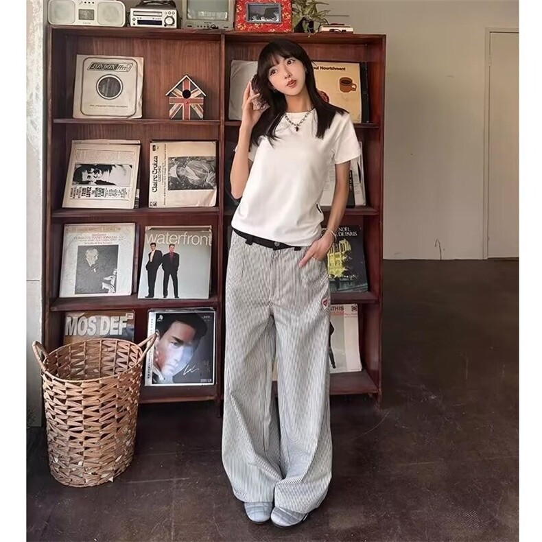 美式复古刺绣直筒竖条纹牛仔裤男女高街宽松百搭显瘦垂感长裤,男装牛仔裤,星座506A