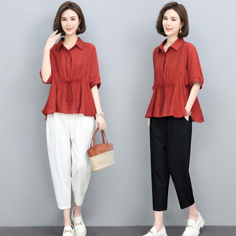 新款2025年夏天丝冰丝两件套女T恤衬衫中年妈妈半袖透气上衣套装，女装套装/套裙，璐依舞