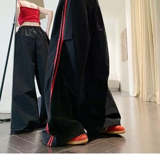 美式撞色条纹速干工装女夏季薄款伞兵宽松拖地裤阔腿运动休闲裤子,男装工装外套,星座506A