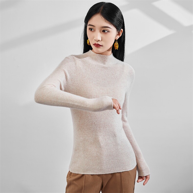 2024秋冬新款山女士抽条半高领,女装羊毛衫,润辉羊绒