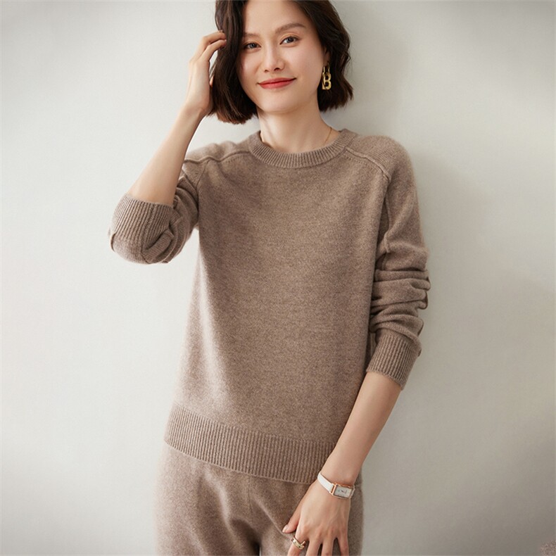 时尚插肩圆领女士羊绒衫舒适保暖优雅百搭,女装羊绒衫,迎冬羊绒