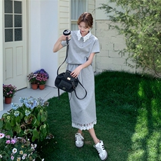 蕾丝灰色薄款短袖卫衣半身裙套装女夏2025新款两件套大方得体穿搭，女装套装/套裙，2D148
