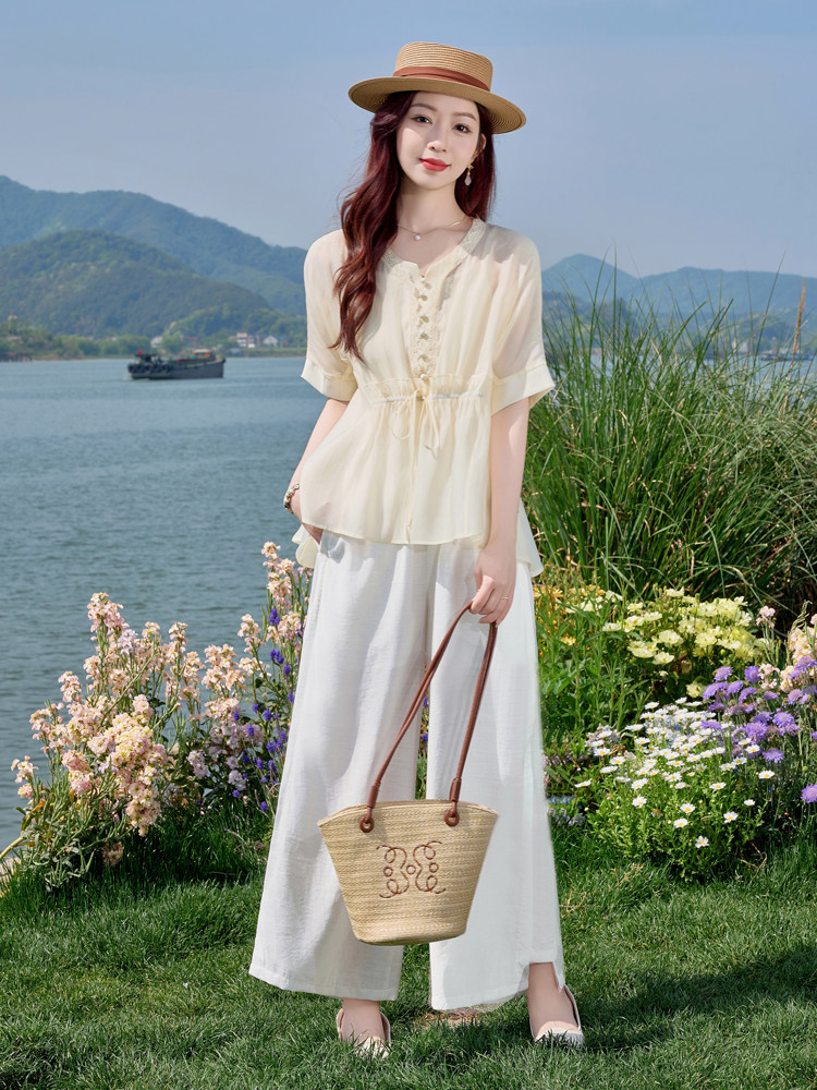 高级感贵气天丝套装女2026夏季新款妈妈亚麻阔腿裤御姐两件套,女装套装/套裙,水衣源