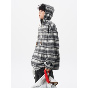 8XL-M 潮情侣美式磨毛编织条纹针织衫卫衣宽松拉链外套WY30P88图片