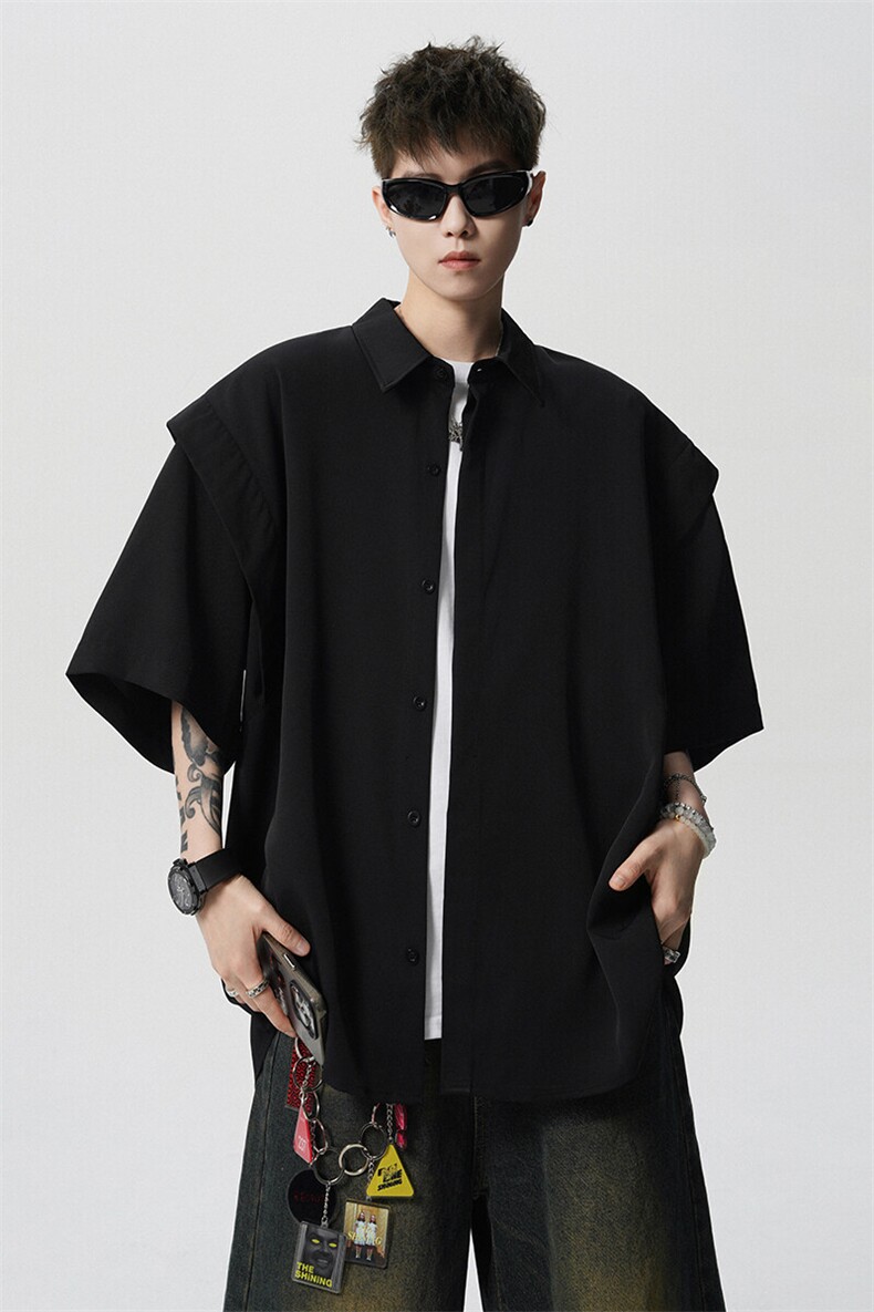8XL-M假两件垂感冰丝短袖衬衫大码夏季凉感小众设计衬衣DC5003P55,男装衬衫,电商B238