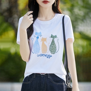 花朵绣片粉色丝光纯棉正肩短袖t恤女2023新款夏季圆领宽松显瘦图片