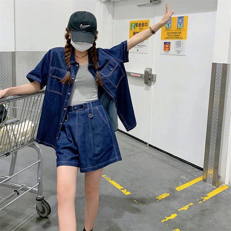 蓝色翻领牛仔短外套女2023春夏季新款韩版小个子炸街洋气时髦上衣,女装套装/套裙,菡迪欧娜
