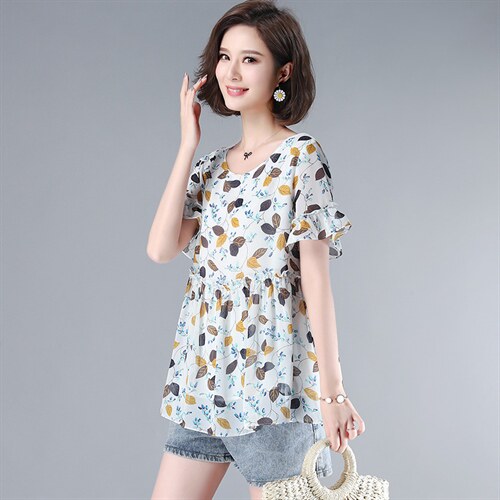 2022夏季新款简约时尚气质圆领休闲雪纺衫，女装蕾丝衫/雪纺衫，依倍林