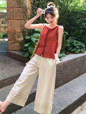 浪漫氛围感减龄复古波点上衣套装女2025夏新款木耳边阔腿裤两件套，女装套装/套裙，浙宝220