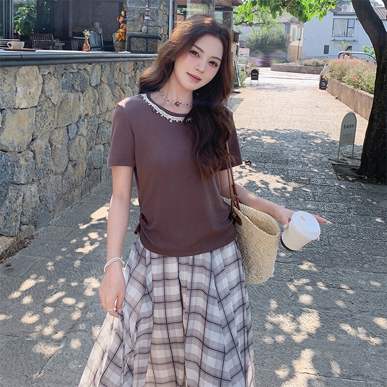 蕾丝拼接短袖t恤套装裙女夏新款设计感不规则格子半身裙两件套,女装套装/套裙,浙宝305