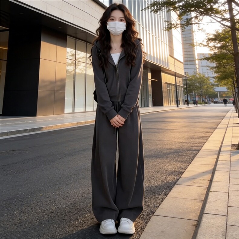 女春季新款时尚慵懒风套装灰色拉链开衫连帽长袖外套阔腿裤两件套图片