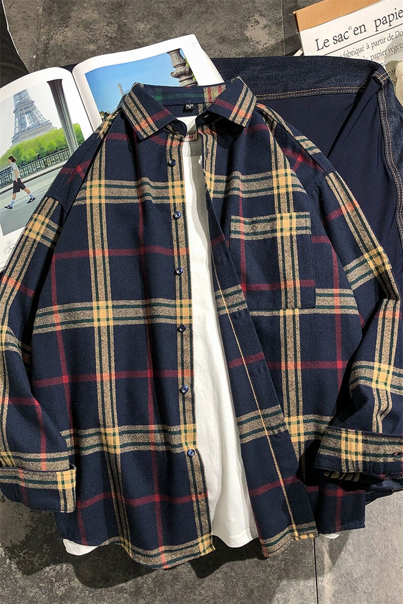 长袖衬衫男士春秋季韩版潮流帅气宽松格子衬衣DF01T,男装衬衫,电商A102