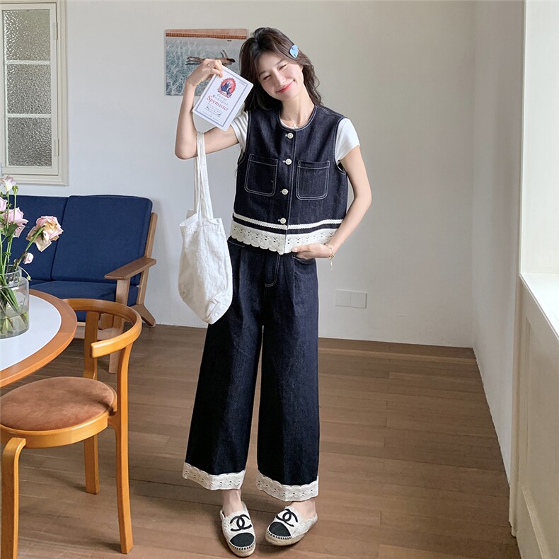 小个子蕾丝拼接牛仔马甲阔腿裤两件套女2025夏新款减龄休闲两件套,女装套装/套裙,2C012