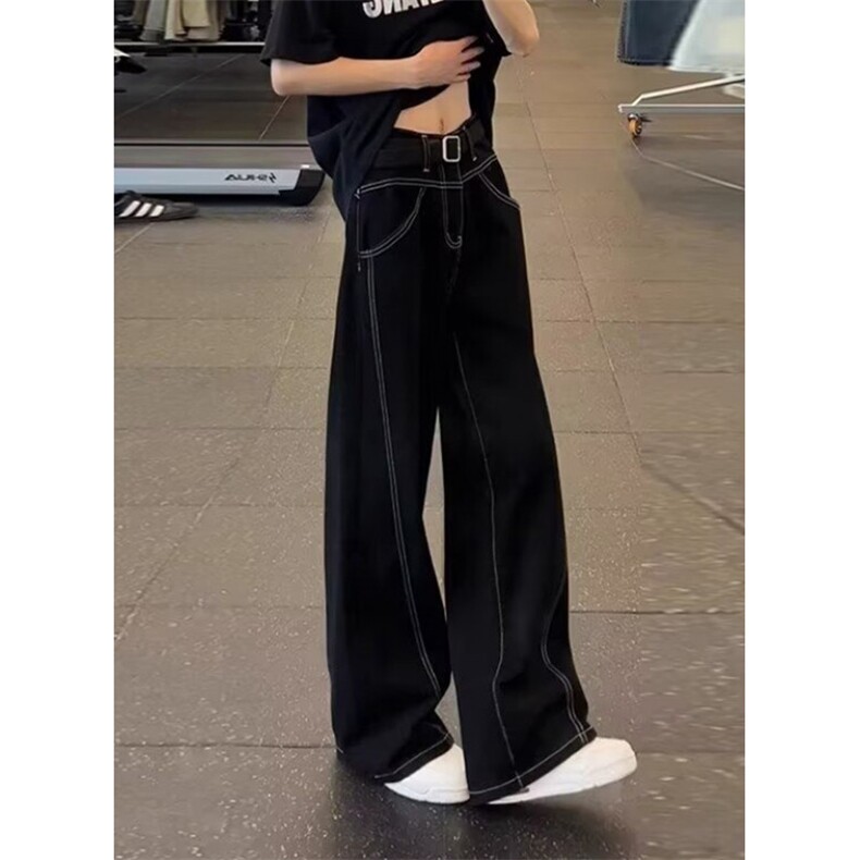 质感黑窄版阔腿牛仔裤女早秋款显瘦高腰设计感直筒拖地裤N1163,男装牛仔裤,星座1116A（原606A-3）
