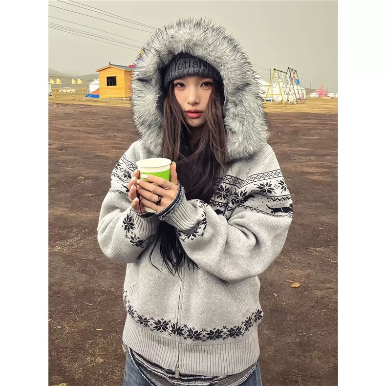 美式复古费尔岛提花连帽长袖毛衣外套女冬季宽松针织衫双拉链上衣图片