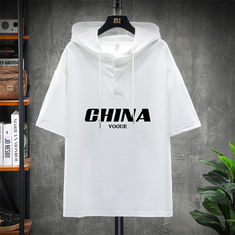 LD54001-P45连帽短袖t恤男大码胖子带帽五分袖中袖展架,男装T恤,电商A040A