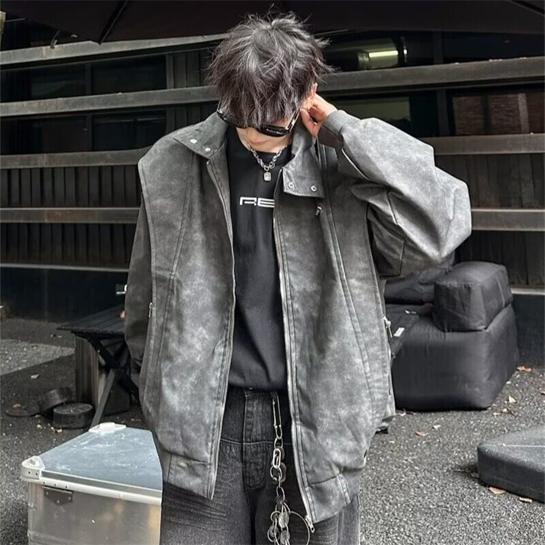 vi机车皮衣外套男春季新款美式高街潮牌宽松工装棒球服LW1944-p77图片