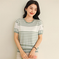 圆领条纹纯棉短袖针织衫女夏季韩版时尚休闲显瘦减龄T恤百搭上衣，女装T恤，伊绒腾羊绒