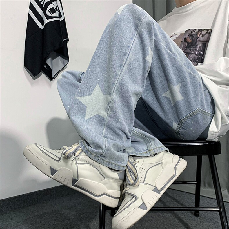 B221美式ins高街小众五角星喷墨直筒牛仔裤LK23014-P60控78,男装牛仔裤,电商B221