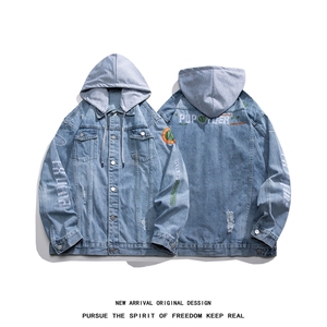 JK3014-p85  M-5X白底ins牛仔夹克绣花破洞大码男日系CITYBOY图片
