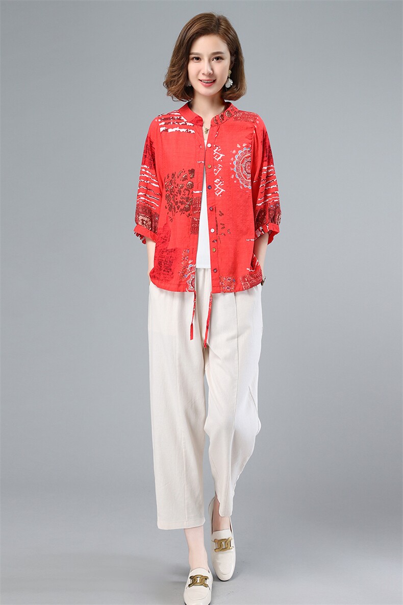 优雅印花衬衫套装女夏季新款宽松显瘦休闲两件套,女装套装/套裙,涵誉