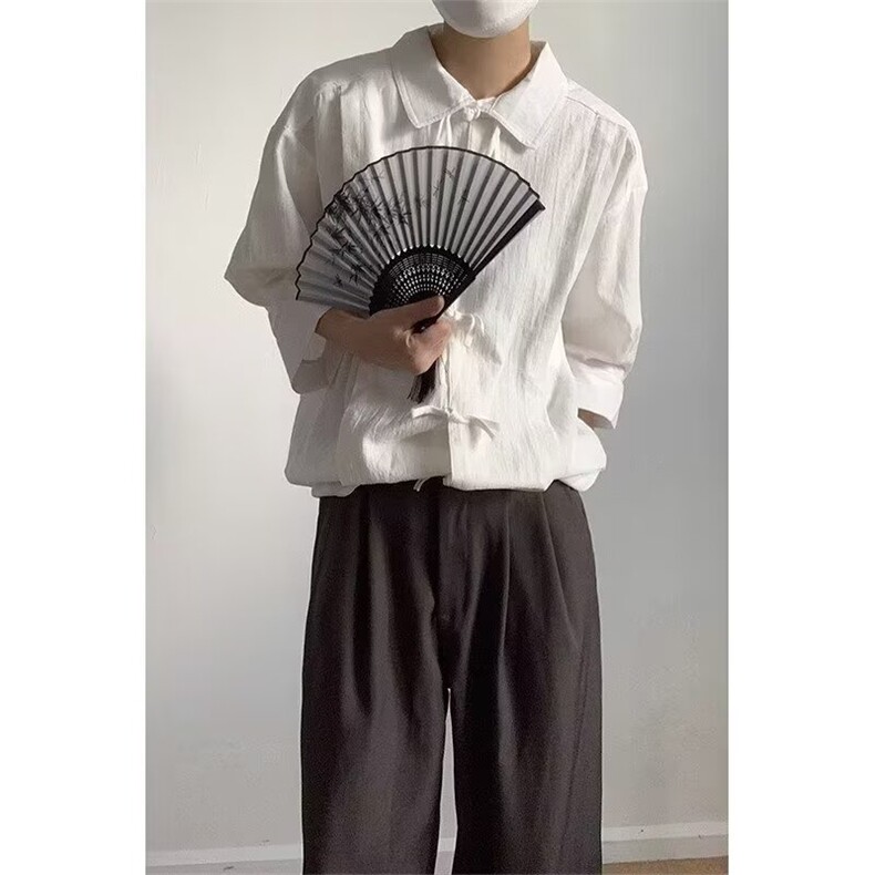 男装风盘扣七分袖棉麻衬衫外套夏季唐装褶皱半袖衬衣潮T5207,男装T恤,星座208-5