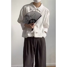 男装风盘扣七分袖棉麻衬衫外套夏季唐装褶皱半袖衬衣潮T5207，男装T恤，星座208-5
