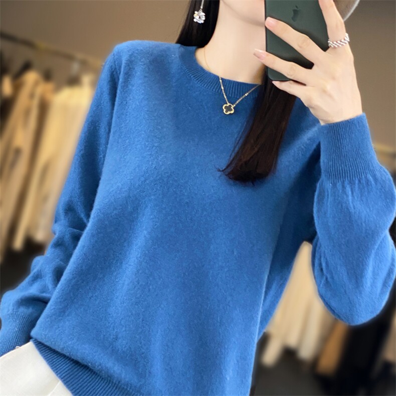 纯毛圆领仿羊毛衫女2024春秋新款修身长袖打底针织衫短款毛衣,针织衫/毛衣,桦兴羊绒