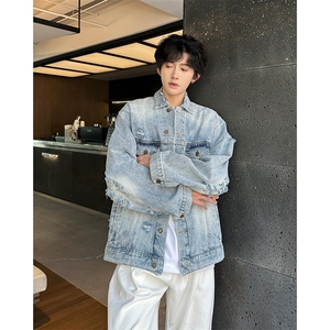 美式休闲破洞牛仔做旧翻领夹克男女宽松百搭情侣牛仔外套潮图片