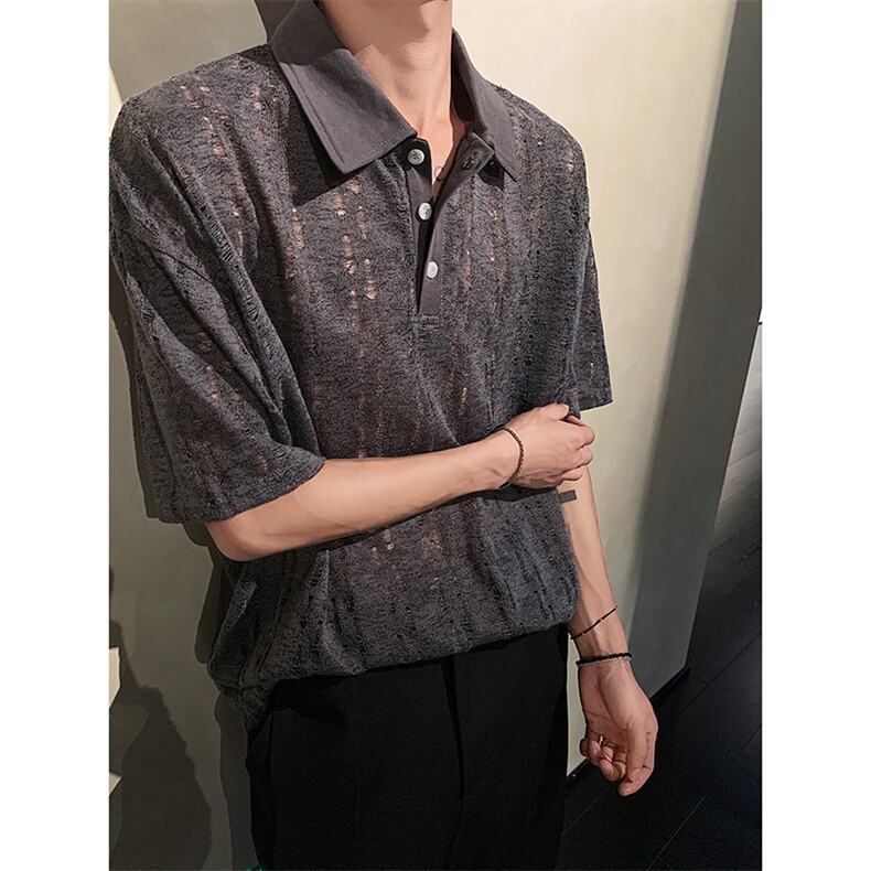 复古感破洞设计休闲上衣港风破洞经典百搭短袖T恤HY743TP38控68,男装T恤,电商A102B