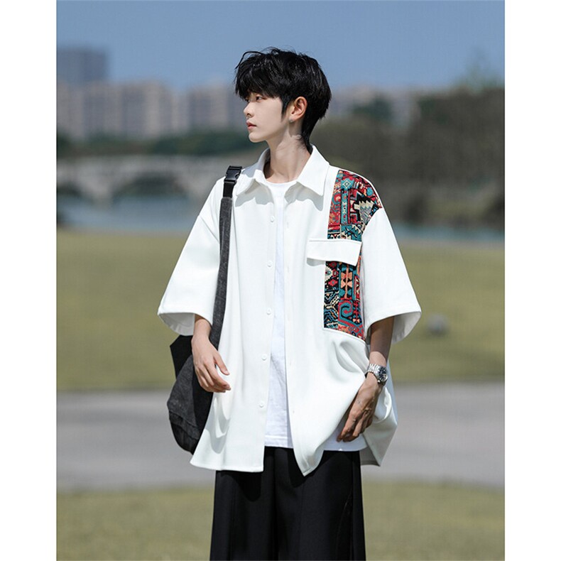 8XL-M民族风拼接短袖衬衫男夏季痞帅半袖衬衣薄款外套DC28009P45,男装衬衫,电商B312