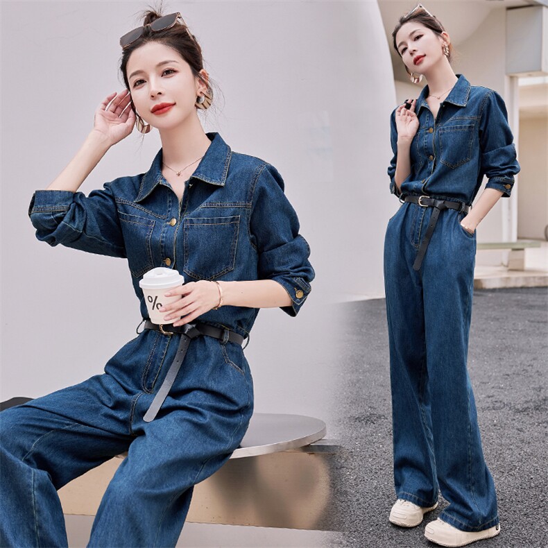 现货主推2025早春新款时尚潮流牛仔连体阔腿长裤（送腰带）,女装连体裤,新思路