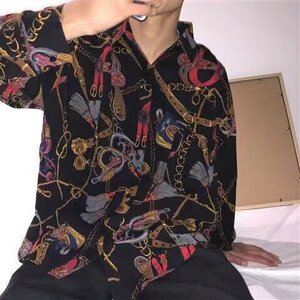 港风复古印花链子衬衫男痞帅宽松长袖夜店男装凉薄花衬衣外套图片