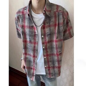 美式潮流复古格子衬衫男款夏季休闲短袖古着格纹衬衣高级感薄外套图片