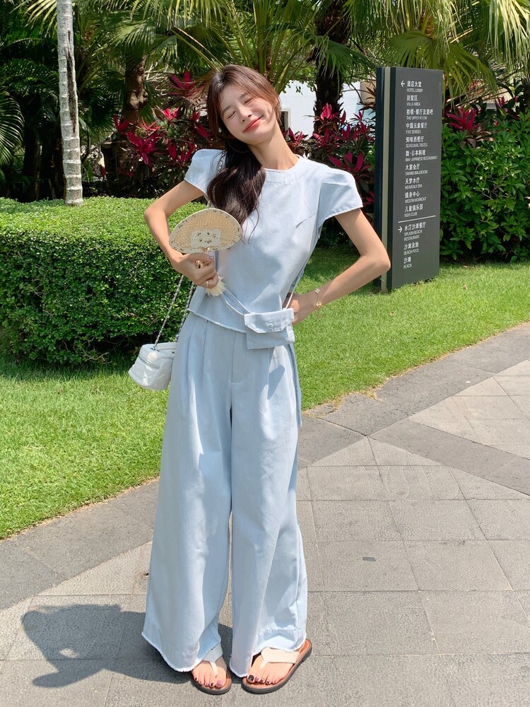 今年流行时尚套装女夏季新款设计感轻薄上衣阔腿裤休闲气质两件套,女装套装/套裙,慧尚2-185