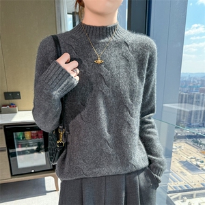 25秋冬半高领加厚提花100%纯羊毛衫女宽松长袖针织羊绒衫打底毛衣图片