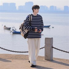 可二开港风高品质条纹圆领大码M-5XL卫衣97%棉3%氨纶77943P50控78，男装卫衣，星座227-7