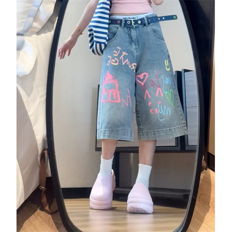 复古涂鸦卡通印花牛仔七分裤男女夏季街头嘻哈宽松做旧五分短裤,男装牛仔裤,星座601-1