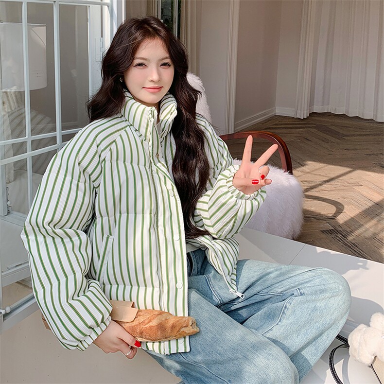 绿色条纹羽绒服女冬季2025新款高级感韩系设计感学院风加厚面包服图片