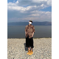 TWORED复古豹纹短袖衬衫男女夏季宽松垂感痞帅设计感薄款衬衣，男装T恤，星座506A