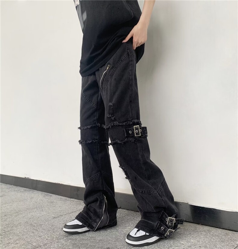 美式复古绑带裤脚拉链牛仔裤男女高街潮牌直筒宽松阔BK50-P83,男装牛仔裤,星座1109-3