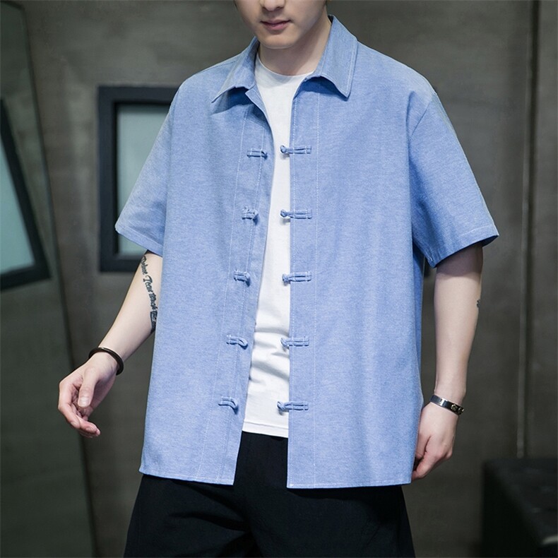 夏宽松短袖上衣衬衫牛津纺盘扣中袖衬衣风薄外套复古 C50/P55图片