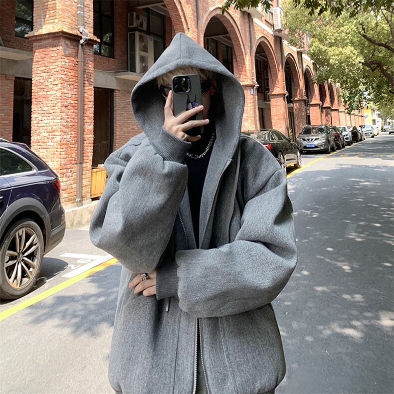 双拉链连帽毛呢大衣外套宽松妮子风衣夹克开衫上衣男-Z0365-P128,男装夹克,电商B289