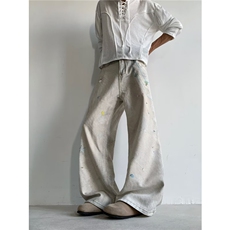 链条男女印花牛仔裤夏泼墨设计脏染直筒显瘦百搭拖地裤AM7859P62，男装牛仔裤，星座1013-5