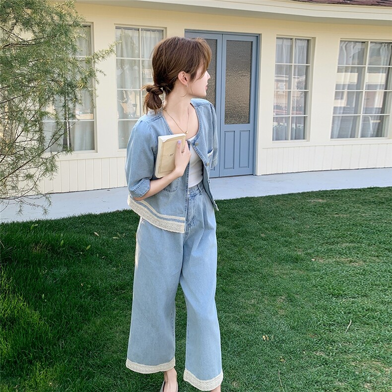 蓝色蕾丝拼接牛仔套装裙女夏季2025新款气质休闲上衣阔腿裤两件套,女装套装/套裙,2C159