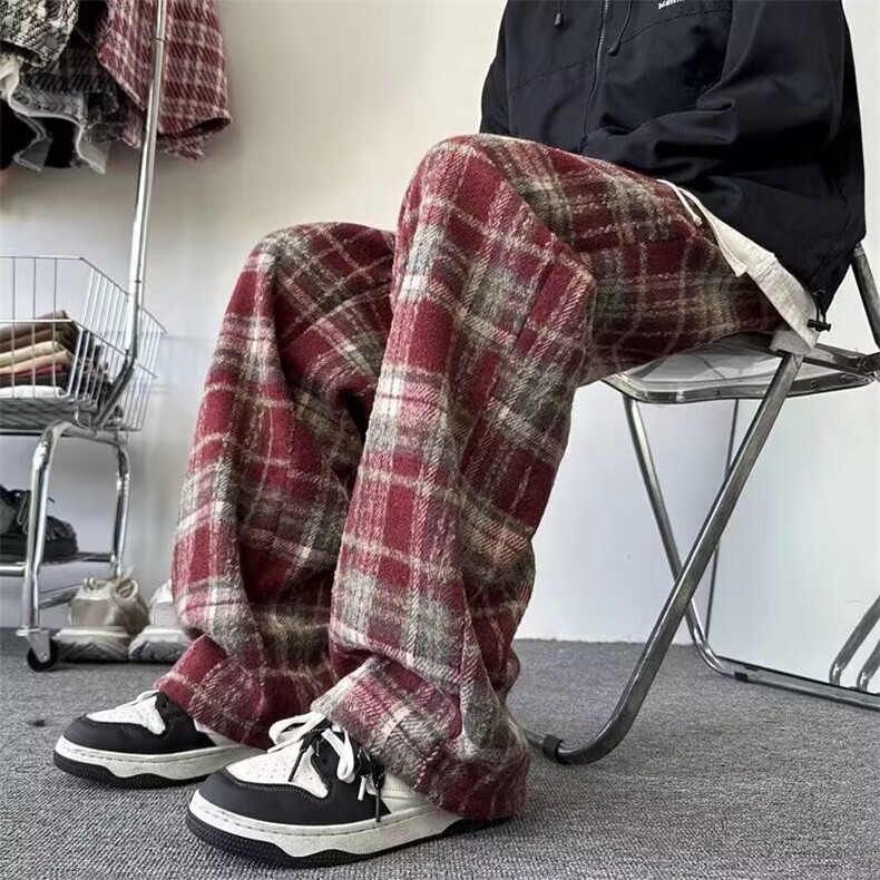 毛呢加绒格子裤女秋冬加绒加厚小个子直筒阔腿裤百搭高腰休闲卫裤,男装休闲裤,星座1013