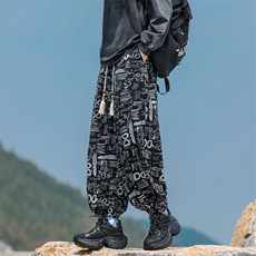 涂鸦不规则字母冰丝灯笼裤垂感宽松大码束脚裤504-K848-P50控78，男装休闲裤，星座504