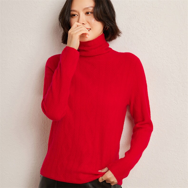 秋冬季35%羊绒65%羊毛休闲百搭12针全身菱形堆堆领羊绒衫，女装羊绒衫，广悦羊绒